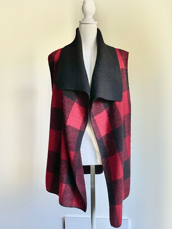 Katie Todd Sweaters - Katie Todd 100% Wool Buffalo Plaid Open Front Sweater Vest Medium Red Black Cozy